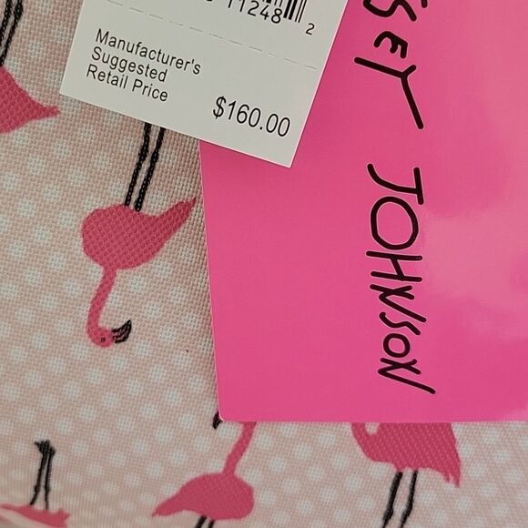 $160 LARGE NEW BETSEY JOHNSON PINK FLAMINGO CARRYON ROLLING TRAVEL BAG BLACK NWT - Picture 8 of 14
